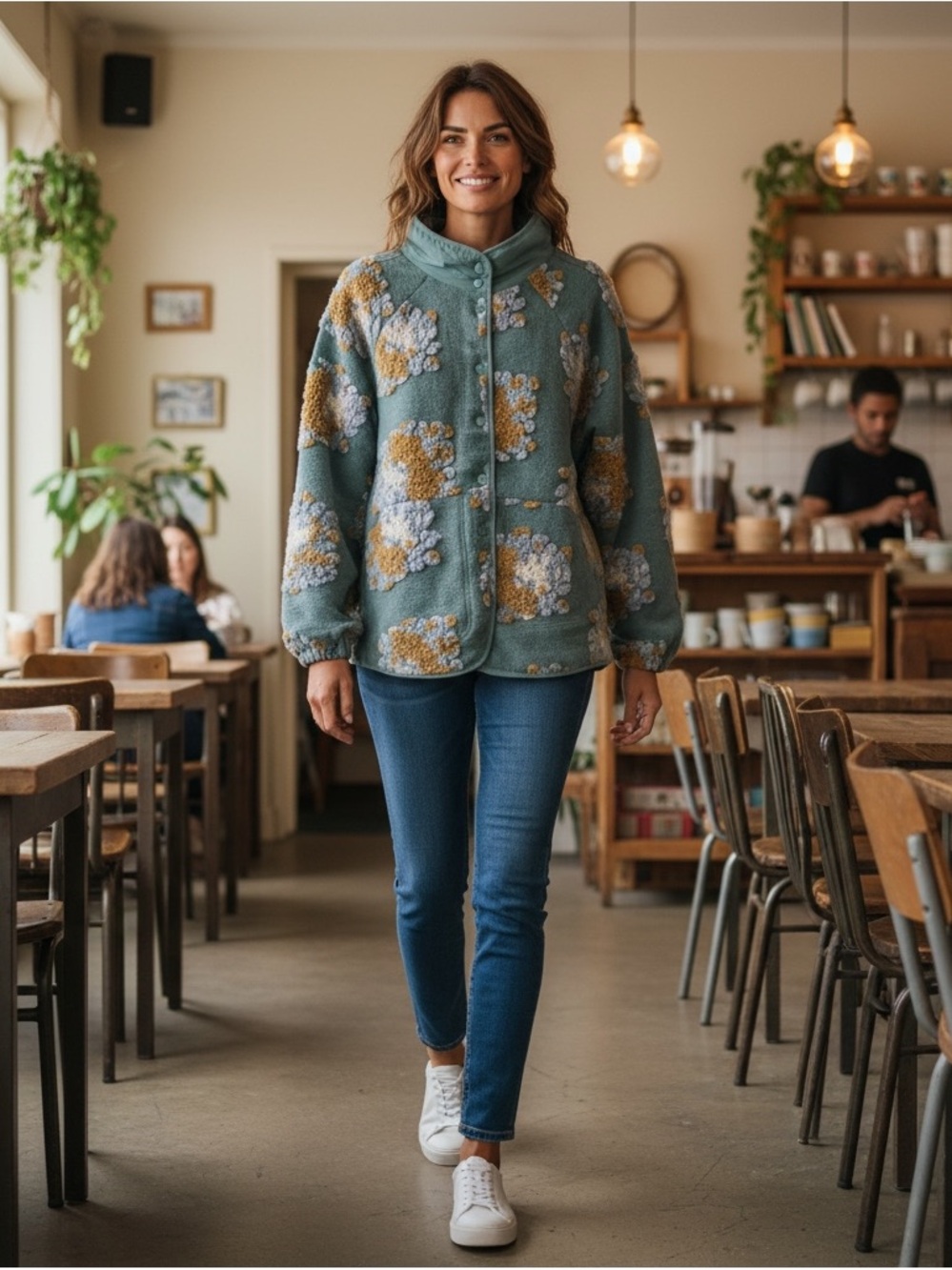 Womens Floral Fleece Jacket - Sage Green